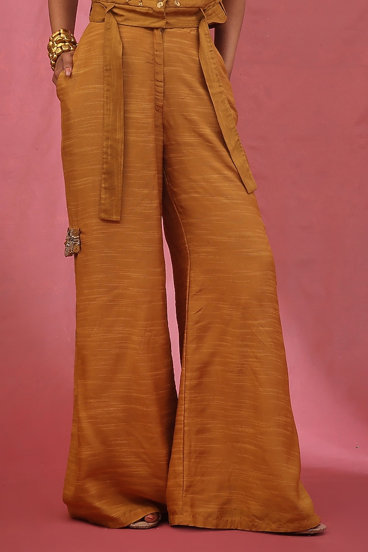 Gold Muslin Slub Hand Embroidered Co-Ord Set by URMIL at Pernia's Pop Up Shop