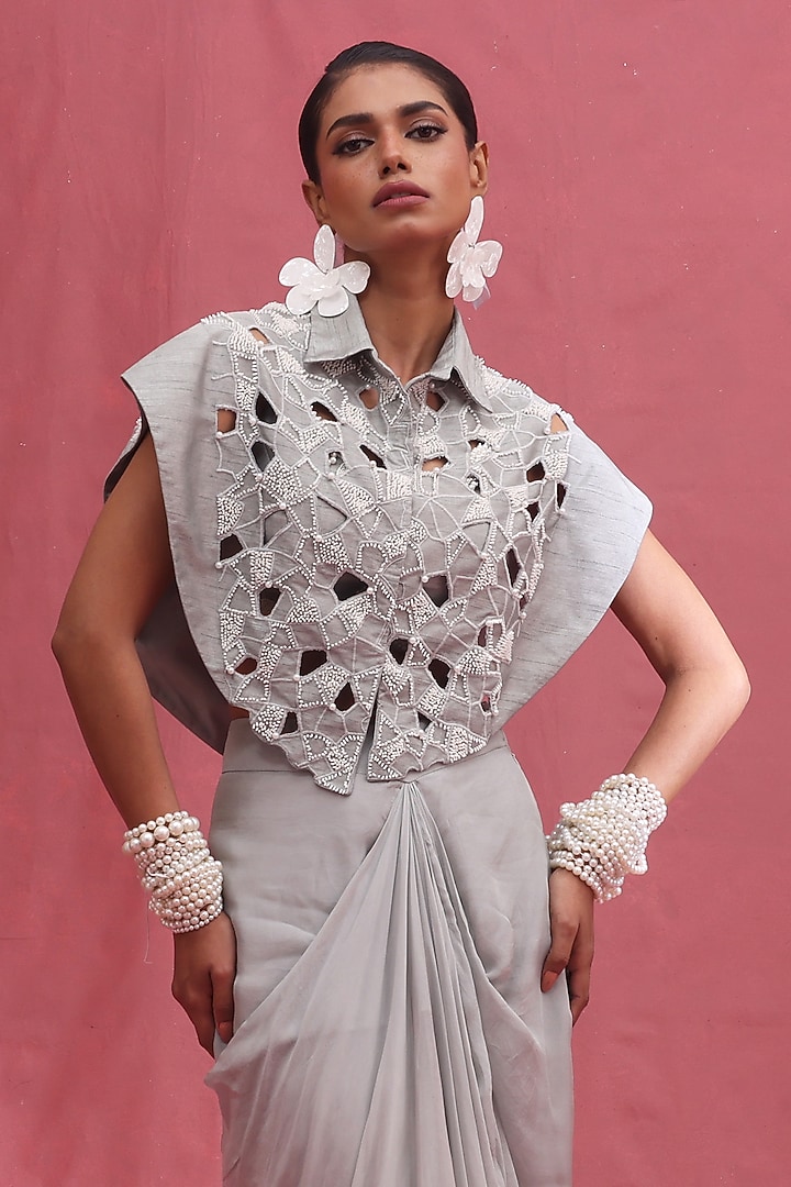 Ice-Colored Raw Silk & Tabby Skirt Set by URMIL at Pernia's Pop Up Shop