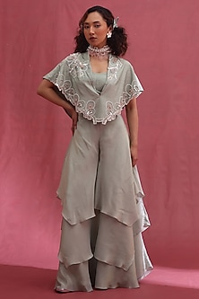Mint Silk & Tissue Hand Embroidered Cape Set by URMIL-POPULAR PRODUCTS AT STORE