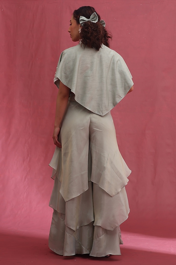 Mint Silk & Tissue Hand Embroidered Cape Set by URMIL at Pernia's Pop Up Shop