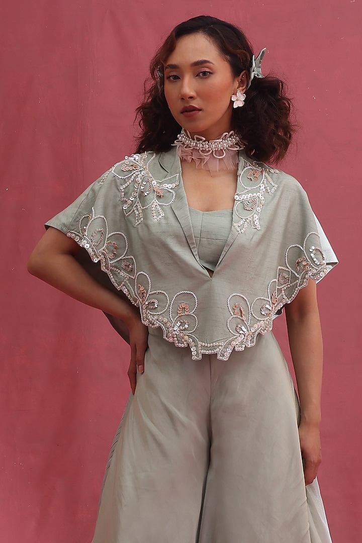Mint Silk & Tissue Hand Embroidered Cape Set by URMIL at Pernia's Pop Up Shop