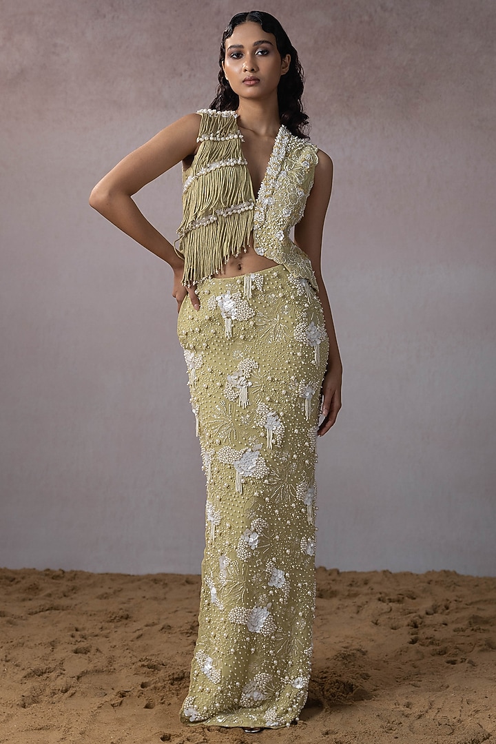 Sage Dola & Silk Hand Embroidered Skirt Set by URMIL at Pernia's Pop Up Shop