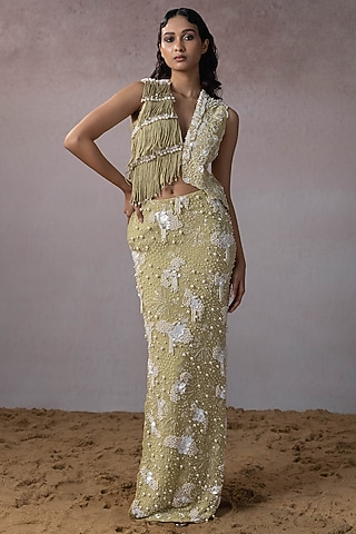 Sage Dola & Silk Hand Embroidered Skirt Set by URMIL