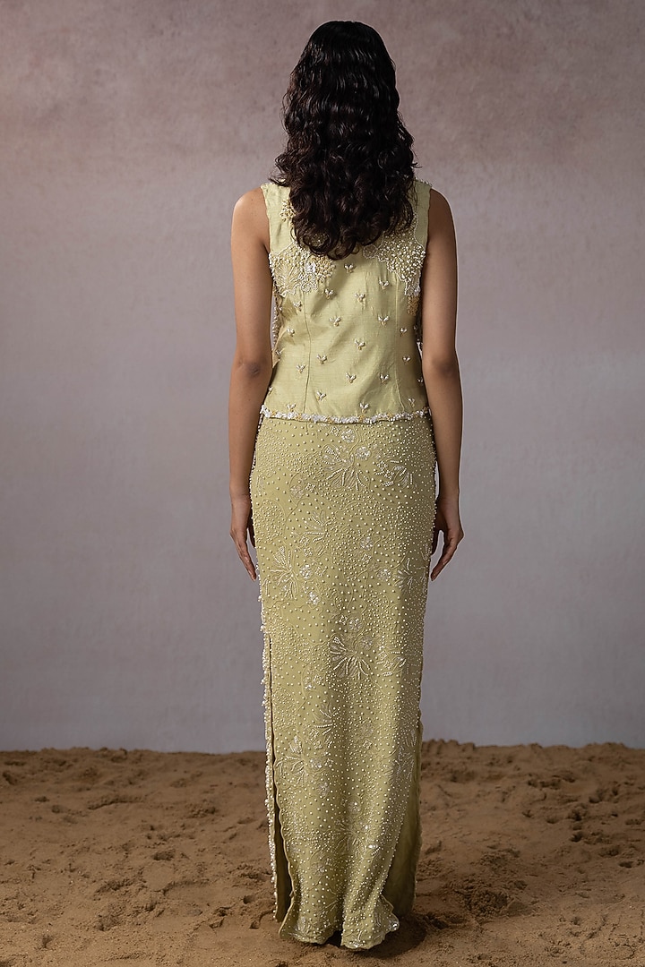 Sage Dola & Silk Hand Embroidered Skirt Set by URMIL at Pernia's Pop Up Shop