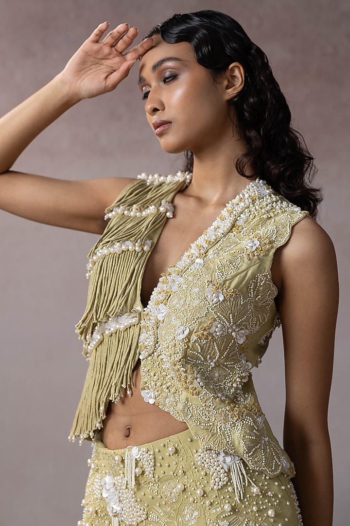 Sage Dola & Silk Hand Embroidered Skirt Set by URMIL at Pernia's Pop Up Shop