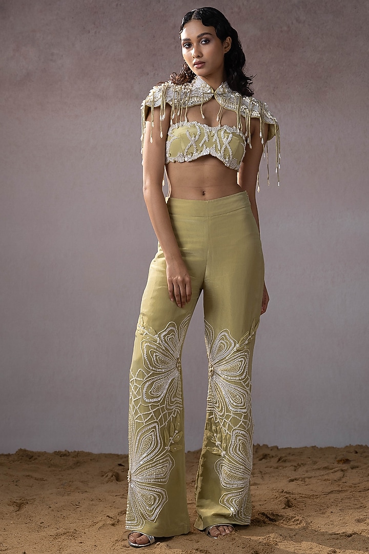 Sage Organza & Tissue Hand Embroidered Shoulder Cape Set by URMIL at Pernia's Pop Up Shop