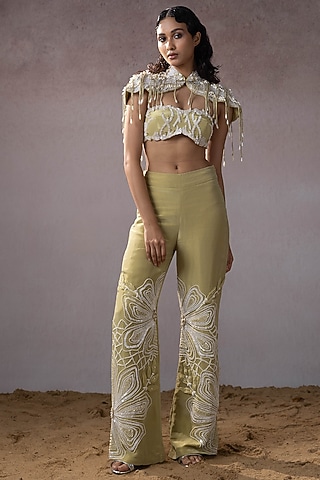 Sage Organza & Tissue Hand Embroidered Shoulder Cape Set by URMIL