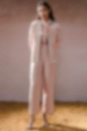 Peach Muslin & Organza Hand Embroidered Pant Set by URMIL at Pernia's Pop Up Shop