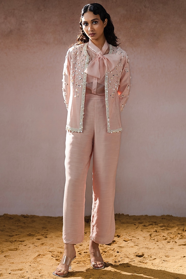 Peach Muslin & Organza Hand Embroidered Pant Set by URMIL at Pernia's Pop Up Shop