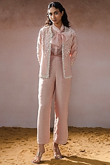 Peach Muslin & Organza Hand Embroidered Pant Set by URMIL-POPULAR PRODUCTS AT STORE