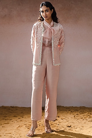Peach Muslin & Organza Hand Embroidered Pant Set by URMIL