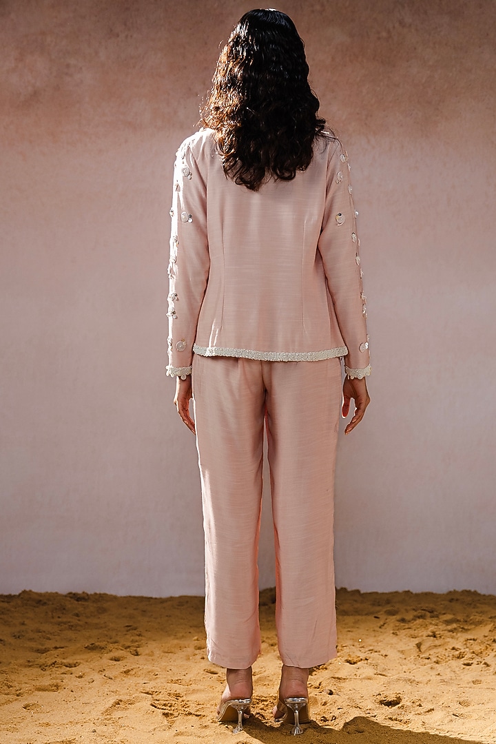 Peach Muslin & Organza Hand Embroidered Pant Set by URMIL at Pernia's Pop Up Shop