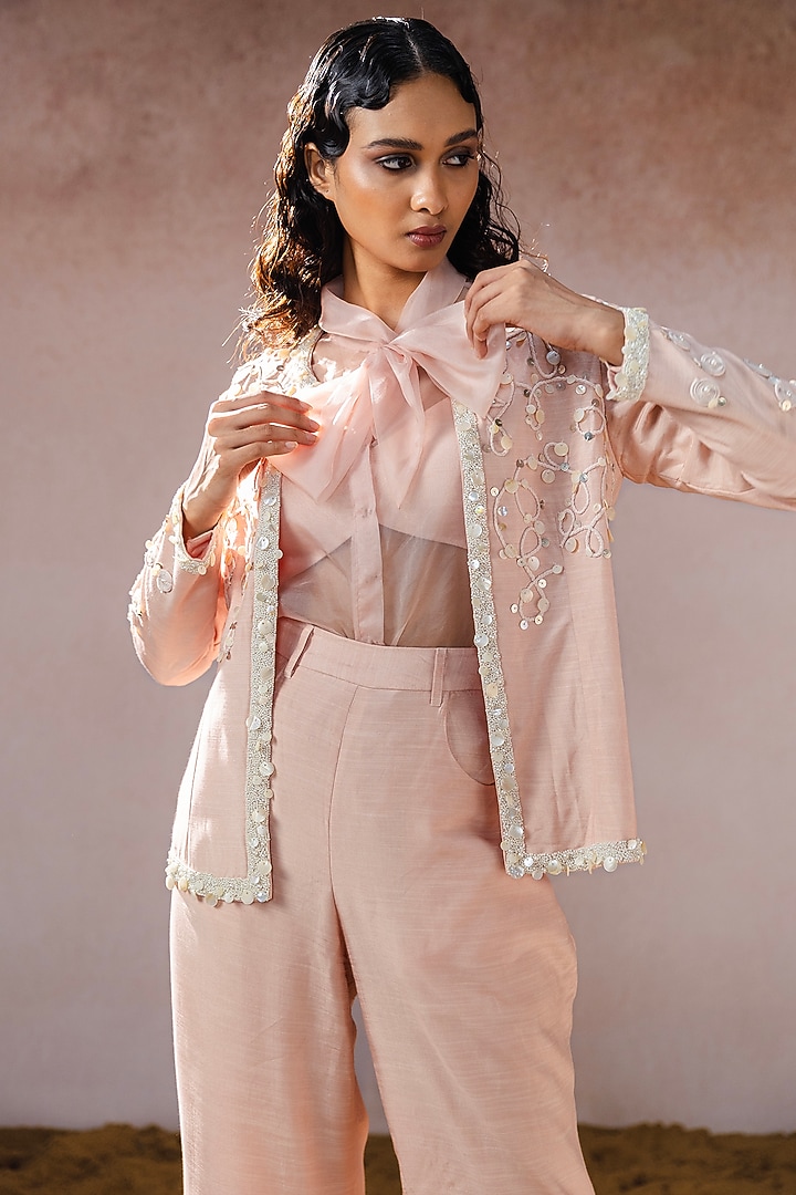 Peach Muslin & Organza Hand Embroidered Pant Set by URMIL at Pernia's Pop Up Shop