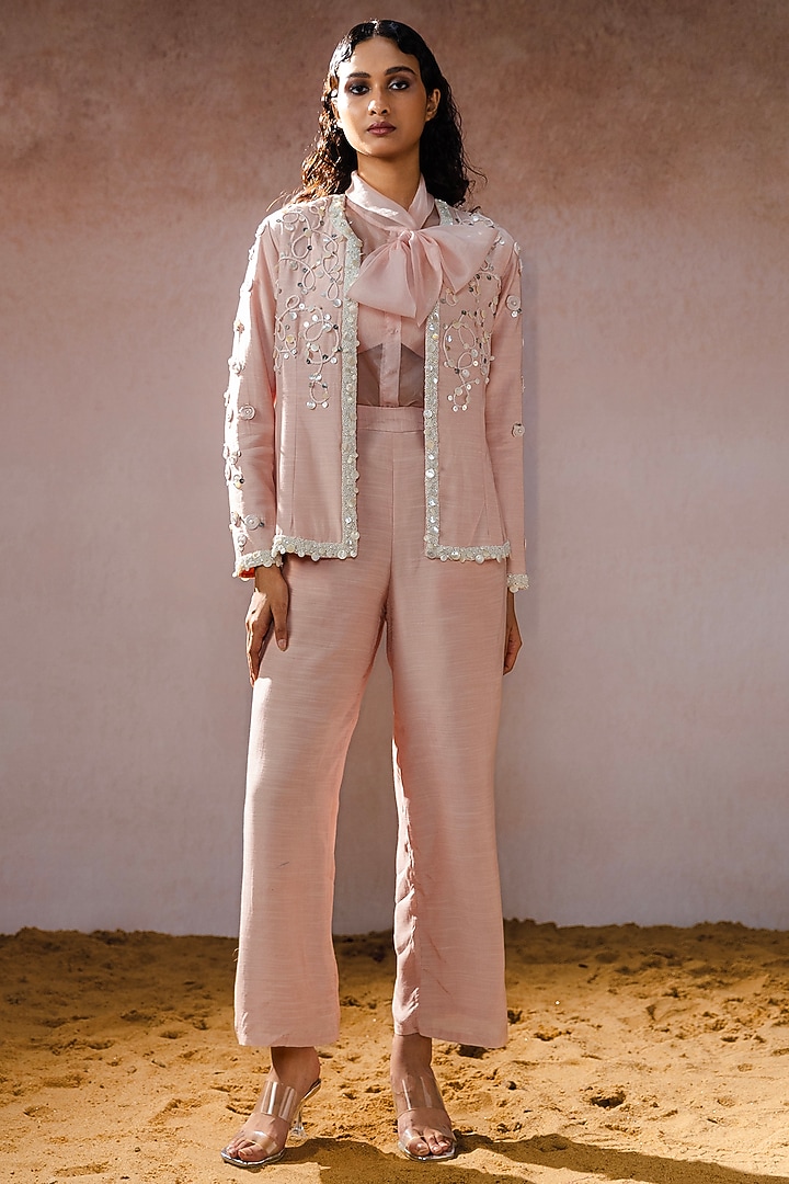 Peach Muslin & Organza Hand Embroidered Pant Set by URMIL at Pernia's Pop Up Shop