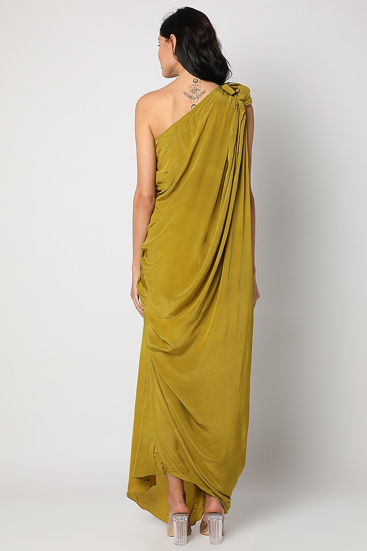Olive Green Draped Gown by Urban Pataka at Pernia's Pop Up Shop