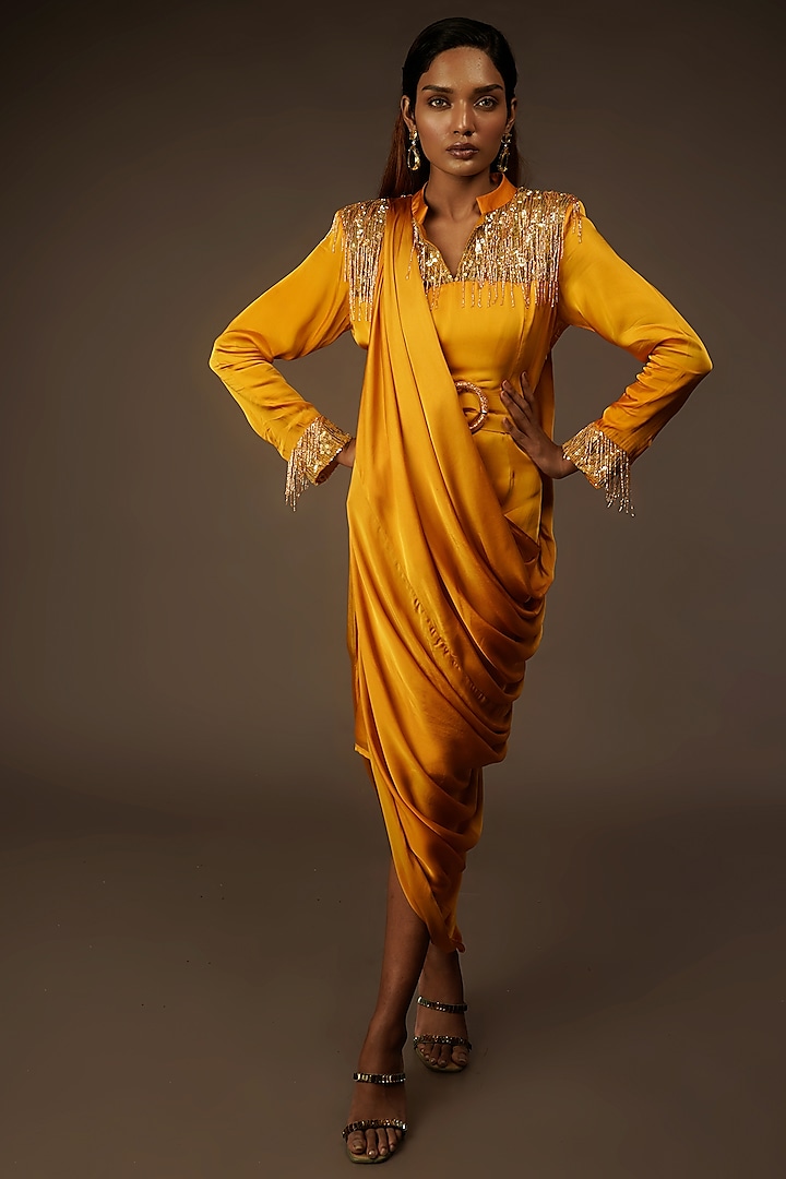 Gold Satin Draped Dress by Urban Pataka