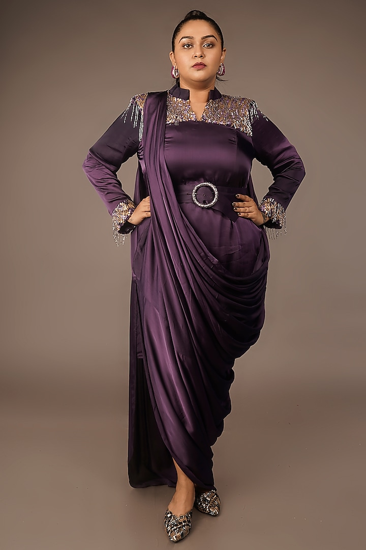 Purple Satin Draped Dress by Urban Pataka at Pernia's Pop Up Shop