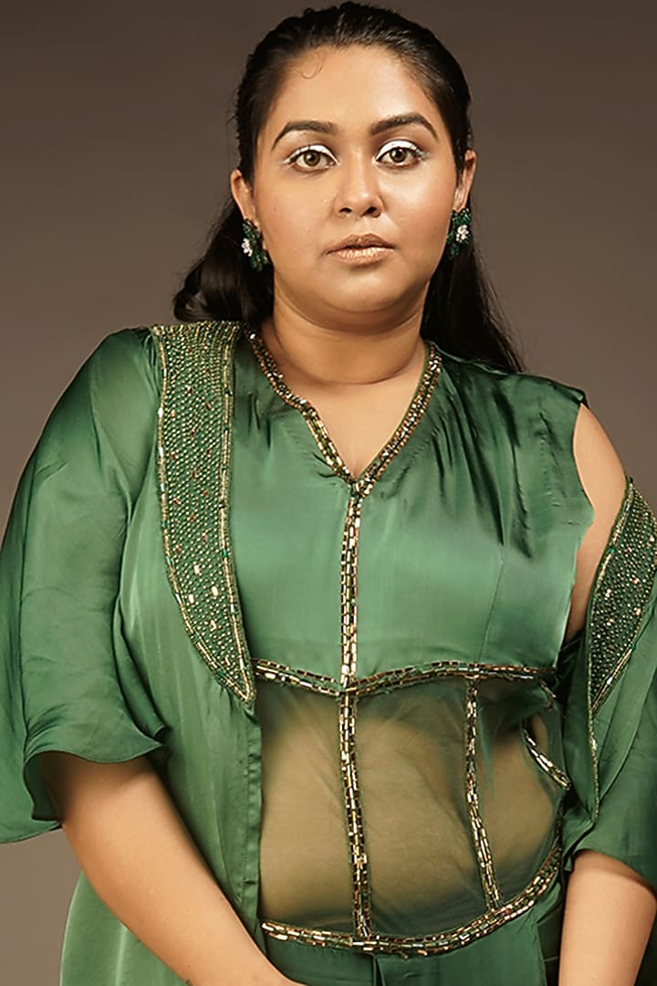 Emerald Green Embroidered Vacation Dress With Jacket by Urban Pataka at Pernia's Pop Up Shop