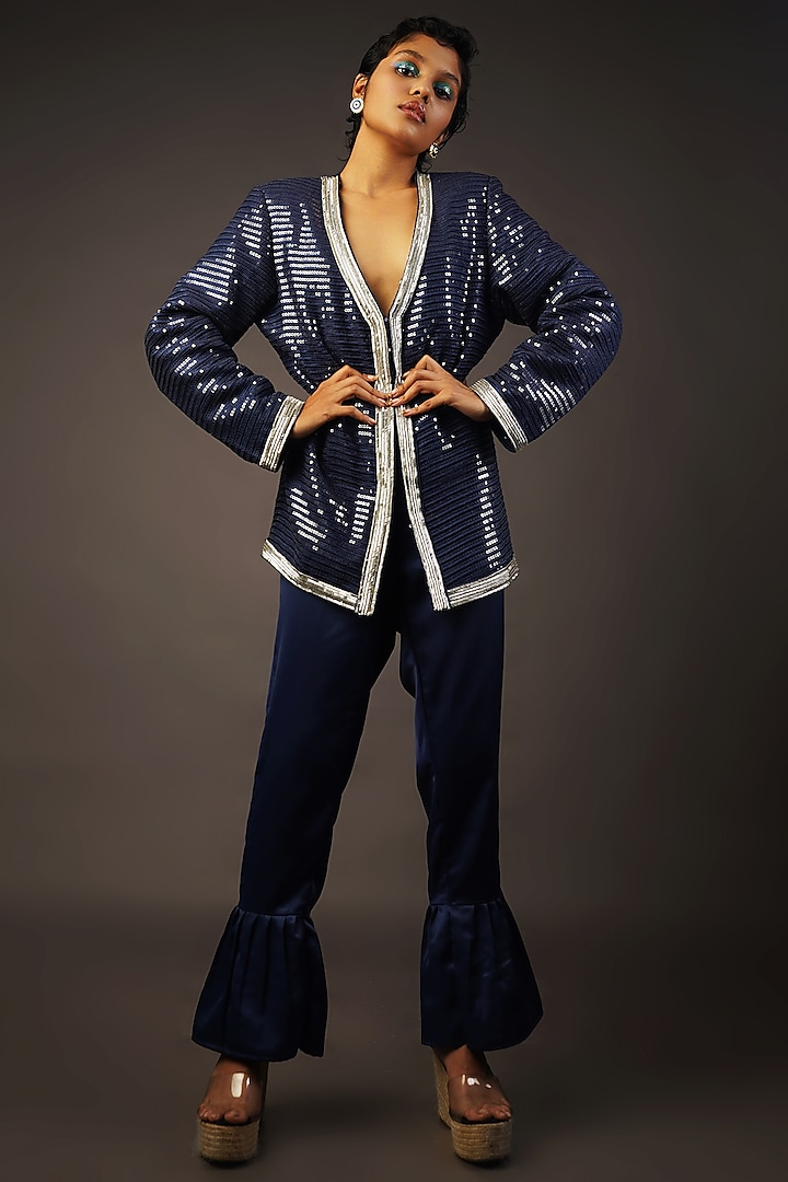 Blue Resham Sequins Jacket Set by Urban Pataka