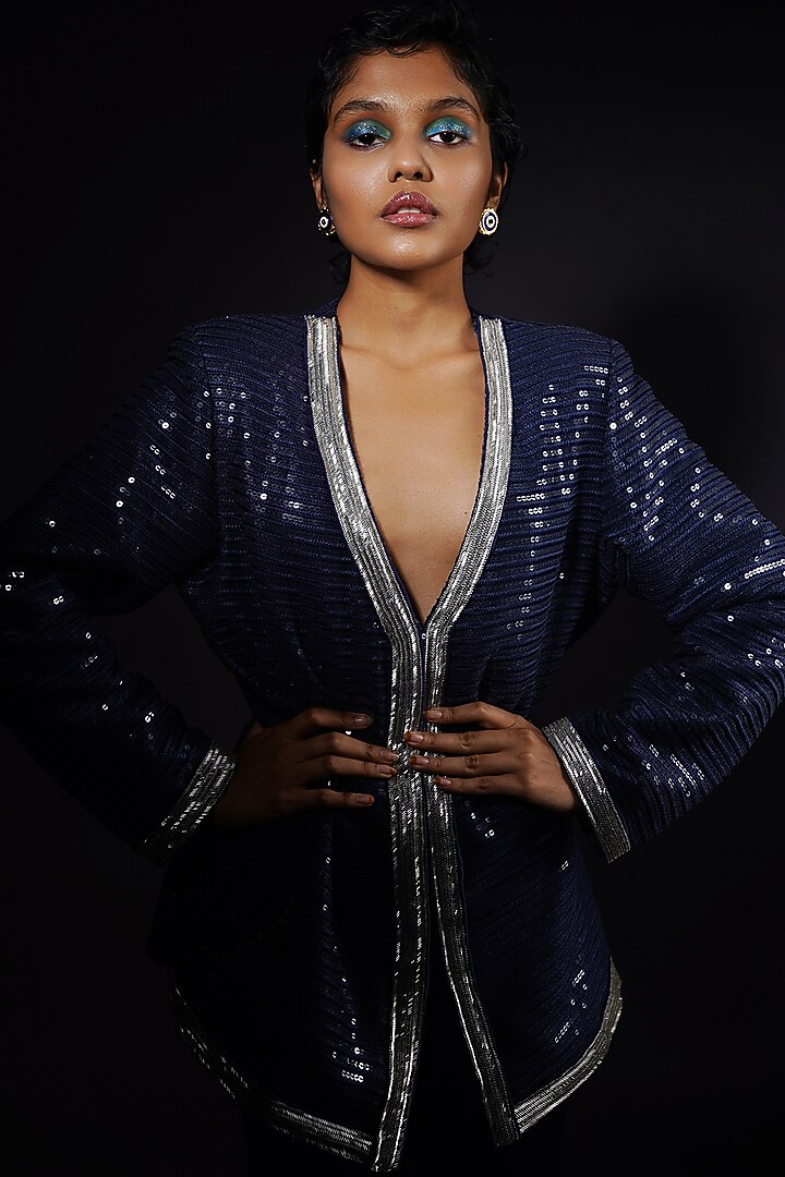 Blue Resham Sequins Jacket Set by Urban Pataka at Pernia's Pop Up Shop