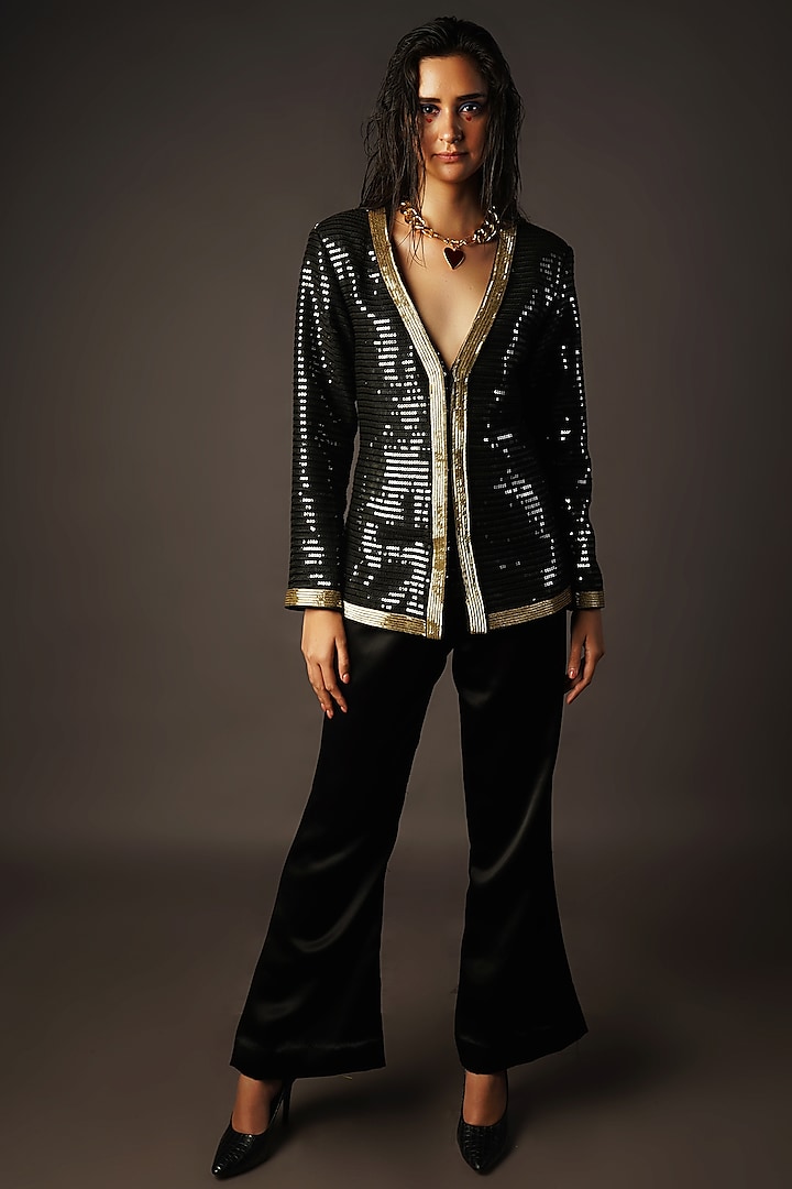 Black Resham Sequins Jacket Set by Urban Pataka