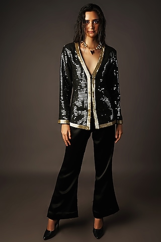 Black Resham Sequins Jacket Set by Urban Pataka