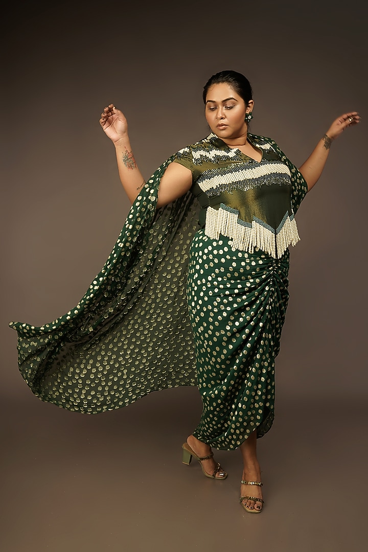 Green Polka Dot Printed Skirt Set by Urban Pataka at Pernia's Pop Up Shop