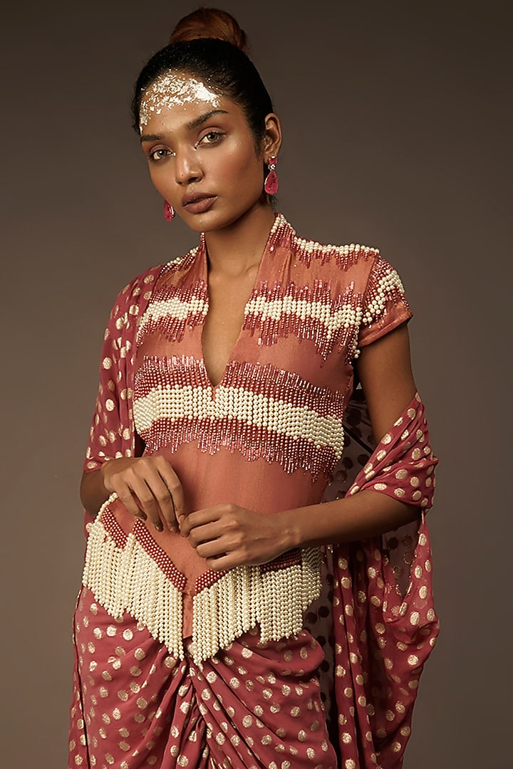 Blush Pink Polka Dot Printed Skirt Set by Urban Pataka at Pernia's Pop Up Shop