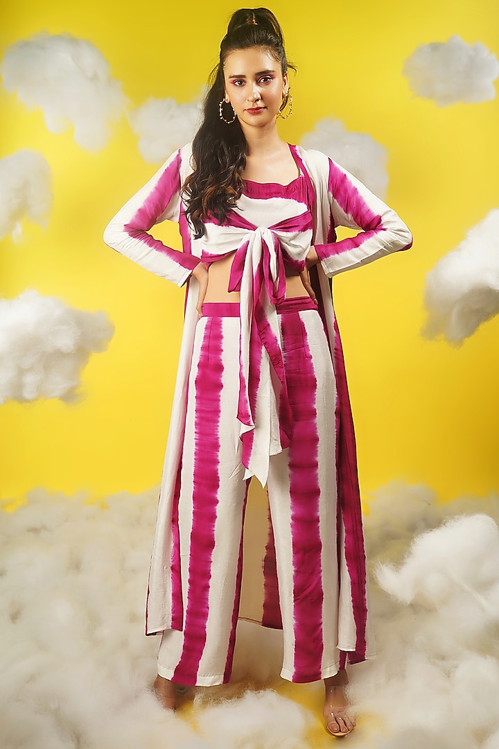 White & Pink Shibori Printed Pant Set by Urban Pataka