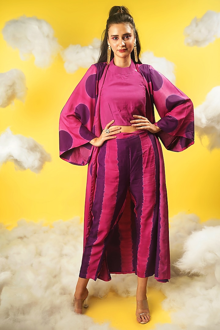 Fuchsia & Purple Shibori Printed Pant Set by Urban Pataka