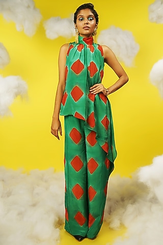 Green & Red Printed Pant Set by Urban Pataka