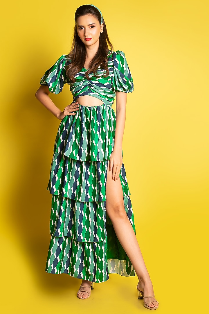 Mehendi Green Side Slit Long Layered Summer Dress by Urban Pataka at Pernia's Pop Up Shop