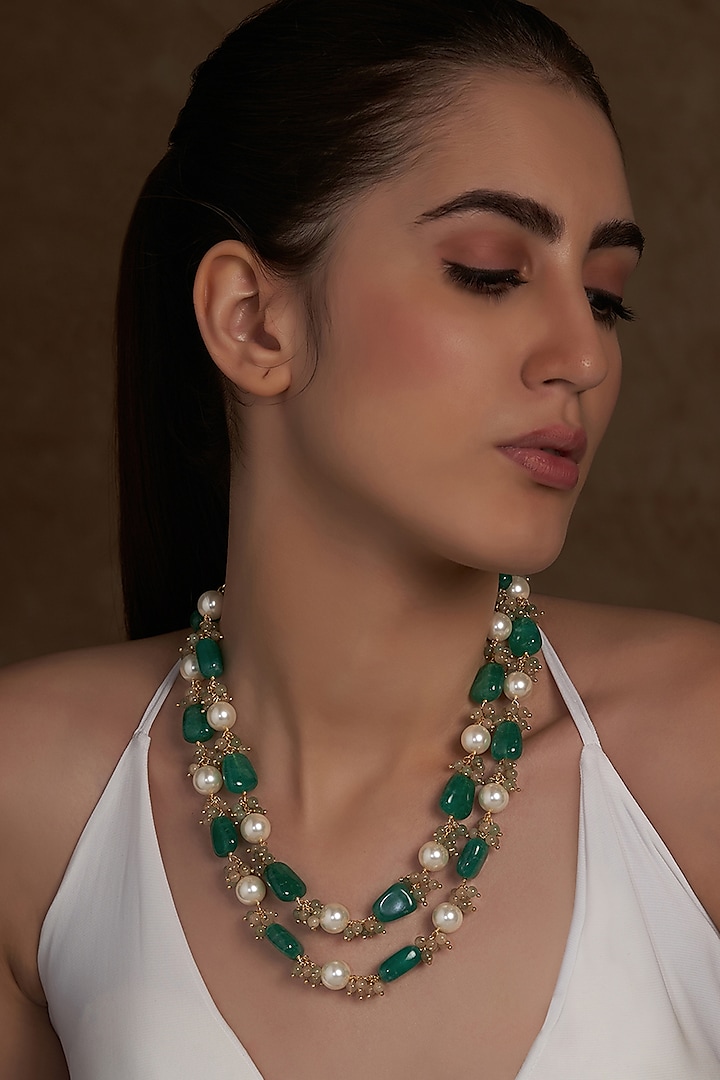 Gold Finish Shell Pearl & Green Onyx Necklace by Joules By Radhika