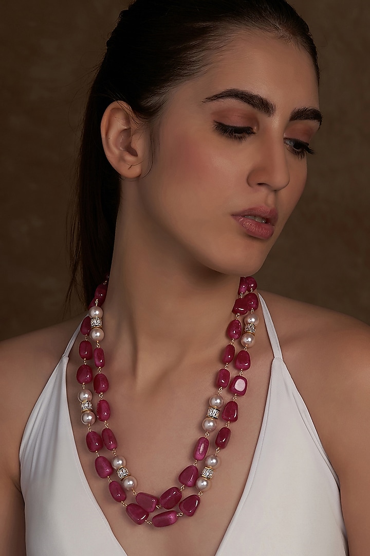 Gold Finish Red Agate Beads Necklace by Joules By Radhika