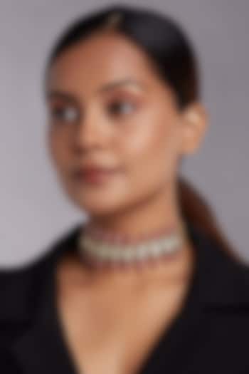 Gold Finish Choker Necklace With Pink Jade by Joules By Radhika at Pernia's Pop Up Shop