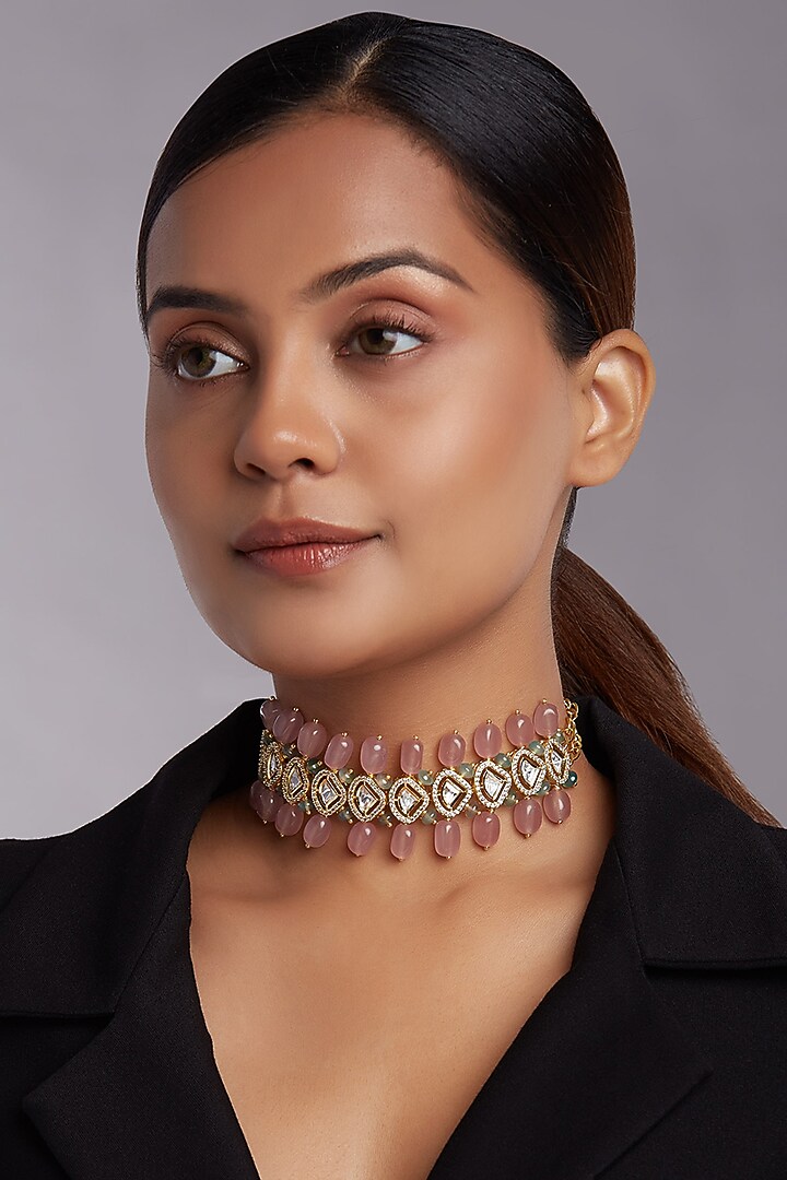 Gold Finish Choker Necklace With Pink Jade by Joules By Radhika at Pernia's Pop Up Shop