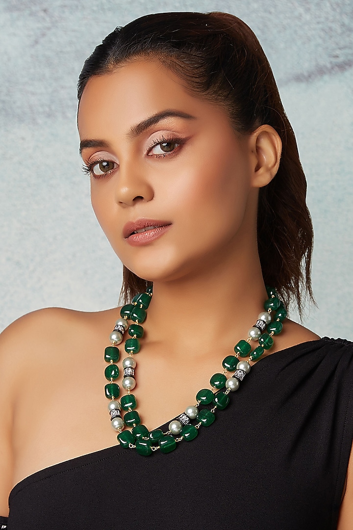 Gold Finish Green Onyx Layered Necklace by Joules By Radhika at Pernia's Pop Up Shop