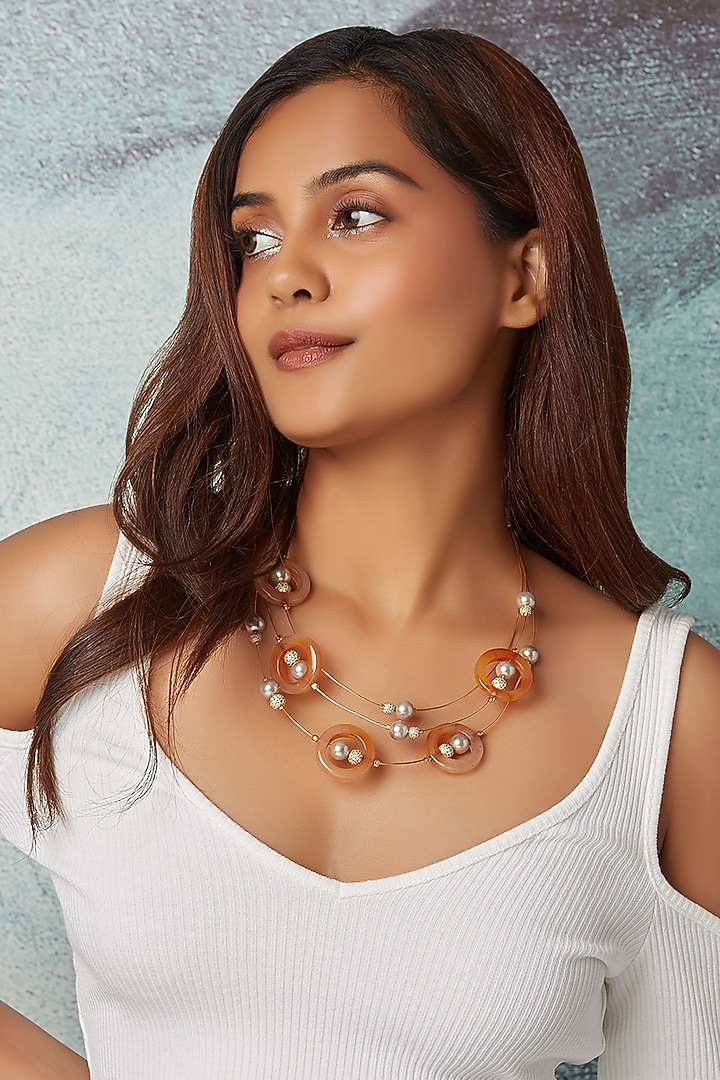 Gold Finish Orange Agate Rings & Pearls Necklace by Joules By Radhika at Pernia's Pop Up Shop