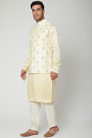 Lemon Yellow Embroidered Kurta Set by Unit by Rajat Suri