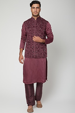 Wine Embellished Kurta Set by Unit by Rajat Suri