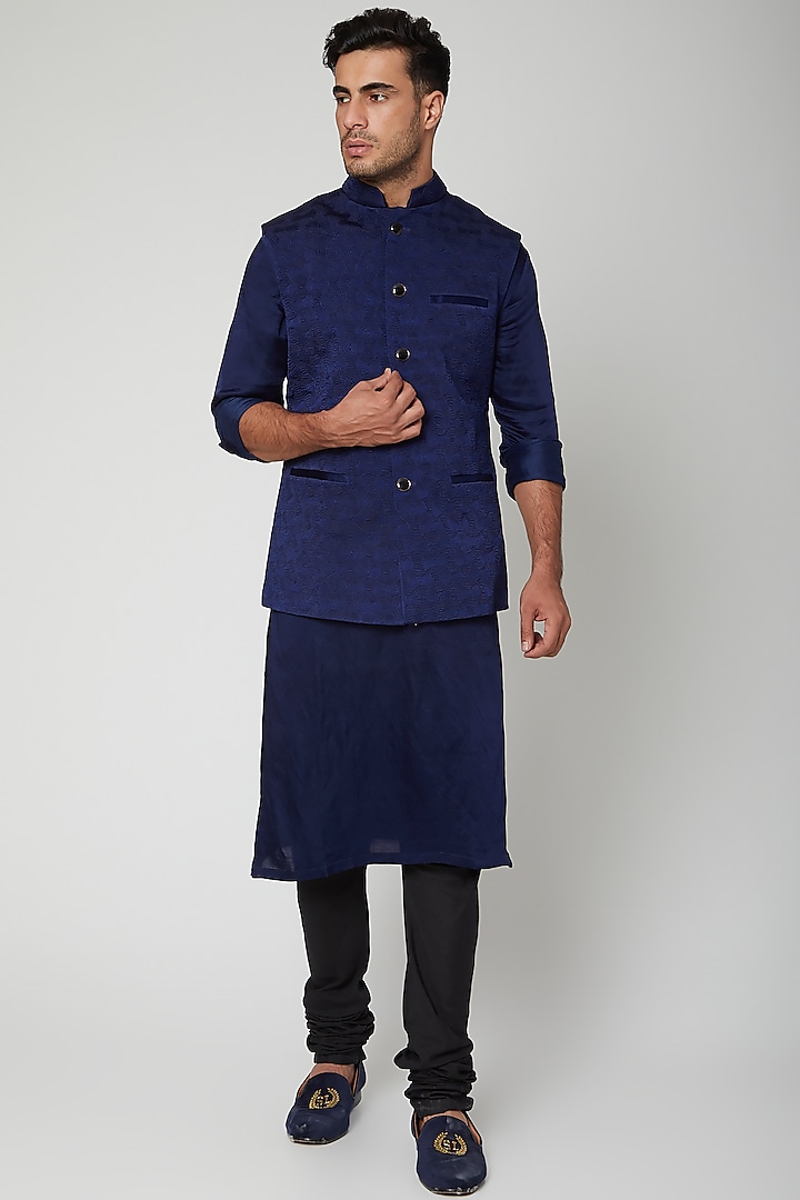 Navy Blue Bandhgala Waistcoat Set by Unit by Rajat Suri