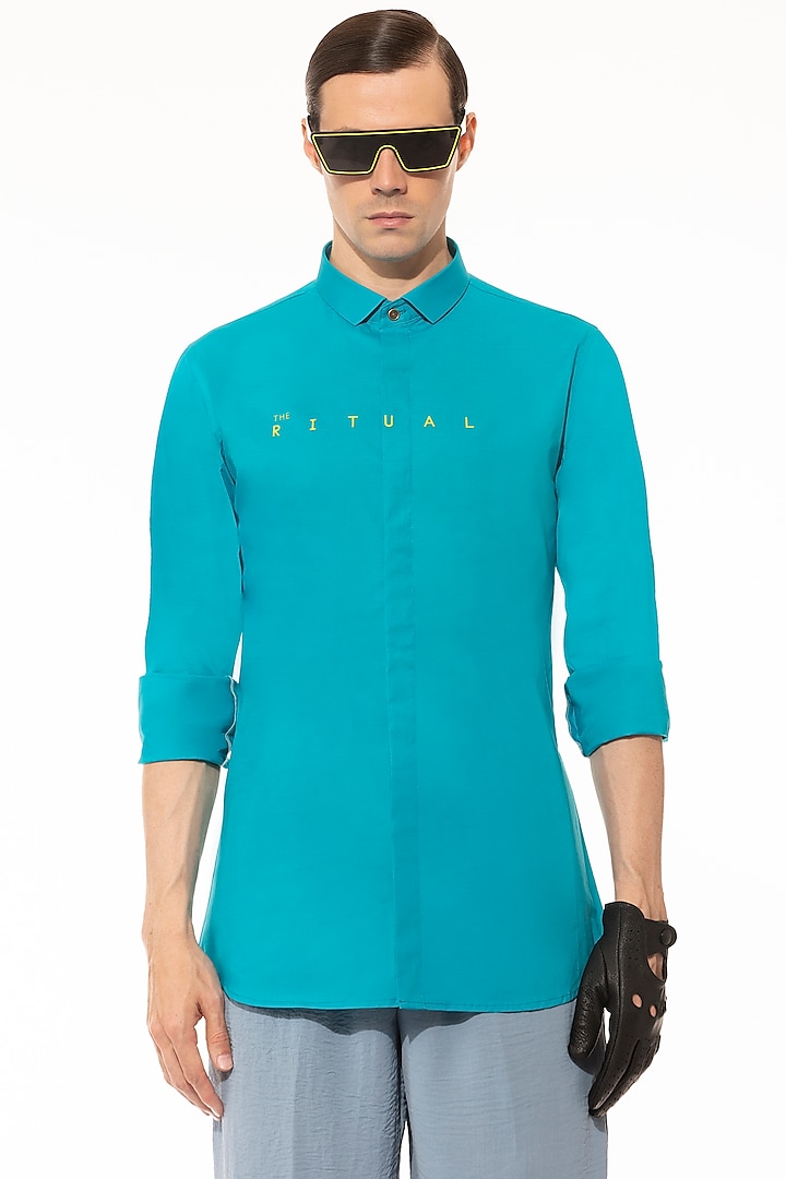 Turquoise High Density Printed Shirt by Unit by Rajat Suri