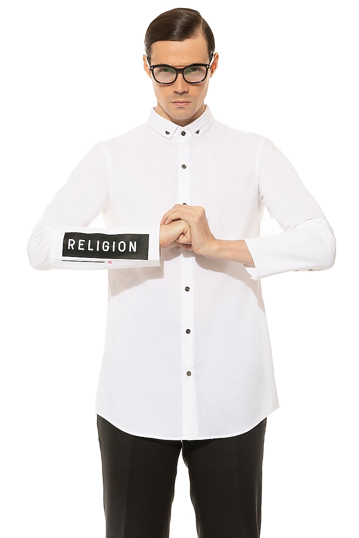 White High Density Printed Party Wear Shirt by Unit by Rajat Suri at Pernia's Pop Up Shop