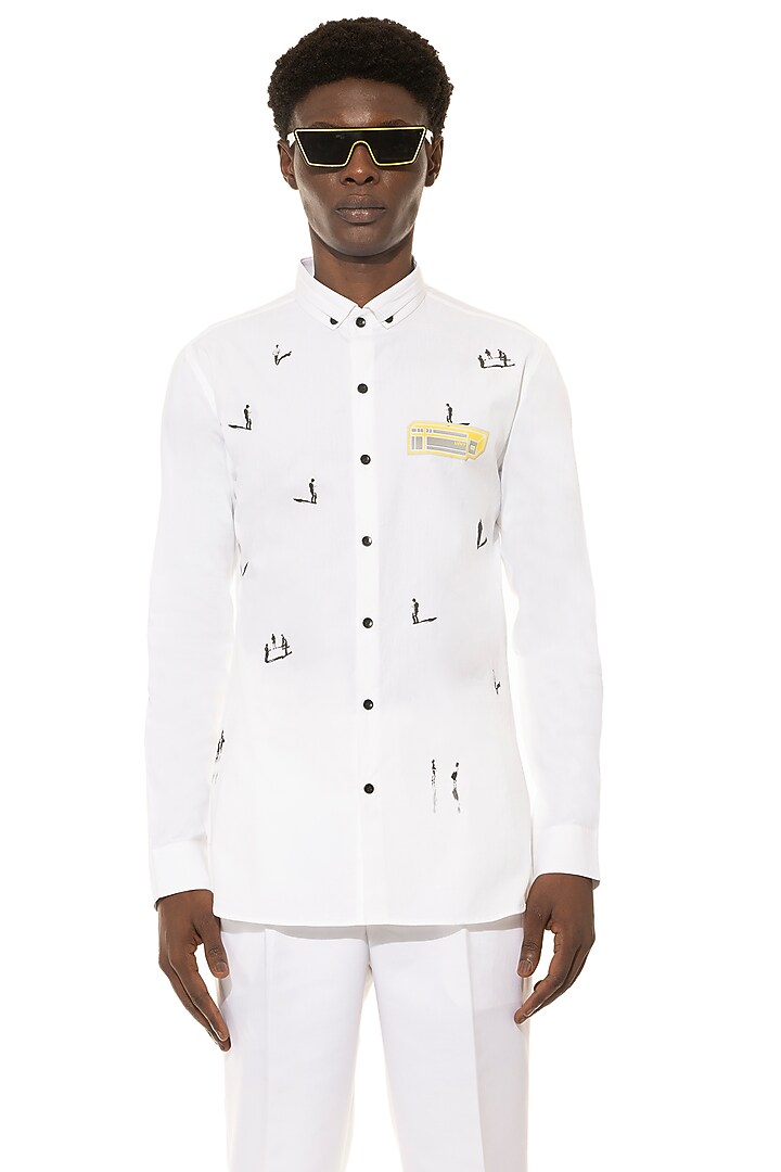 White Graphic Print Party Wear Shirt by Unit by Rajat Suri at Pernia's Pop Up Shop