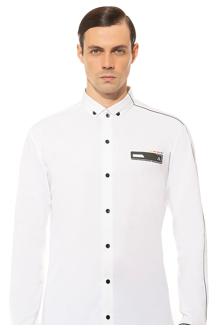 White Cotton Party Wear Shirt With Print by Unit by Rajat Suri at Pernia's Pop Up Shop