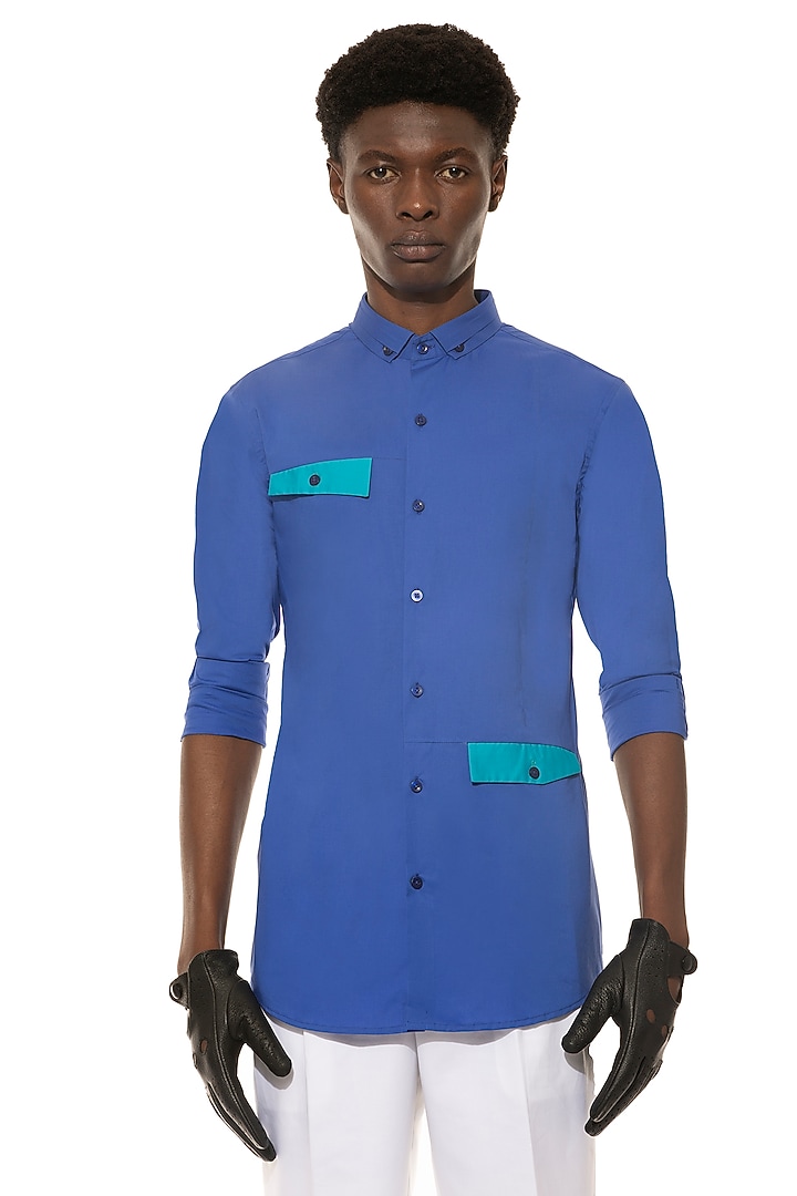 Blue Cotton Party Wear Shirt by Unit by Rajat Suri at Pernia's Pop Up Shop