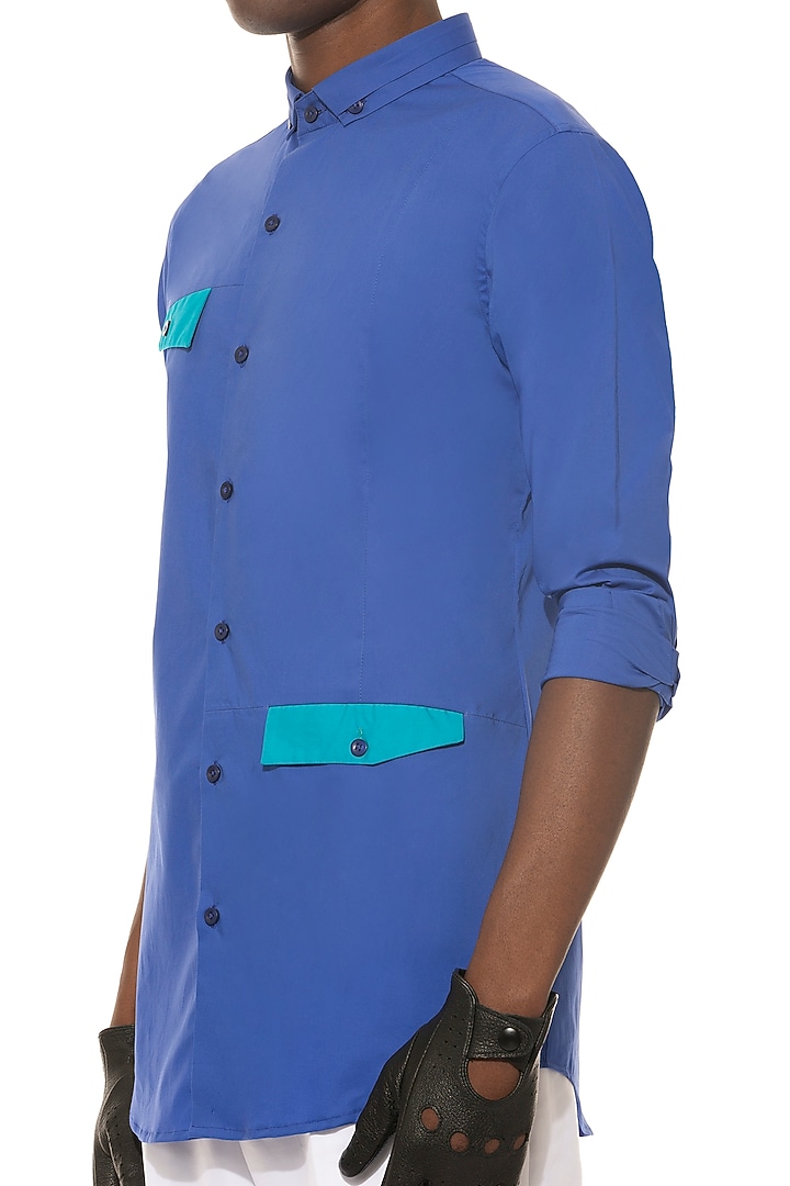 Blue Cotton Party Wear Shirt by Unit by Rajat Suri at Pernia's Pop Up Shop