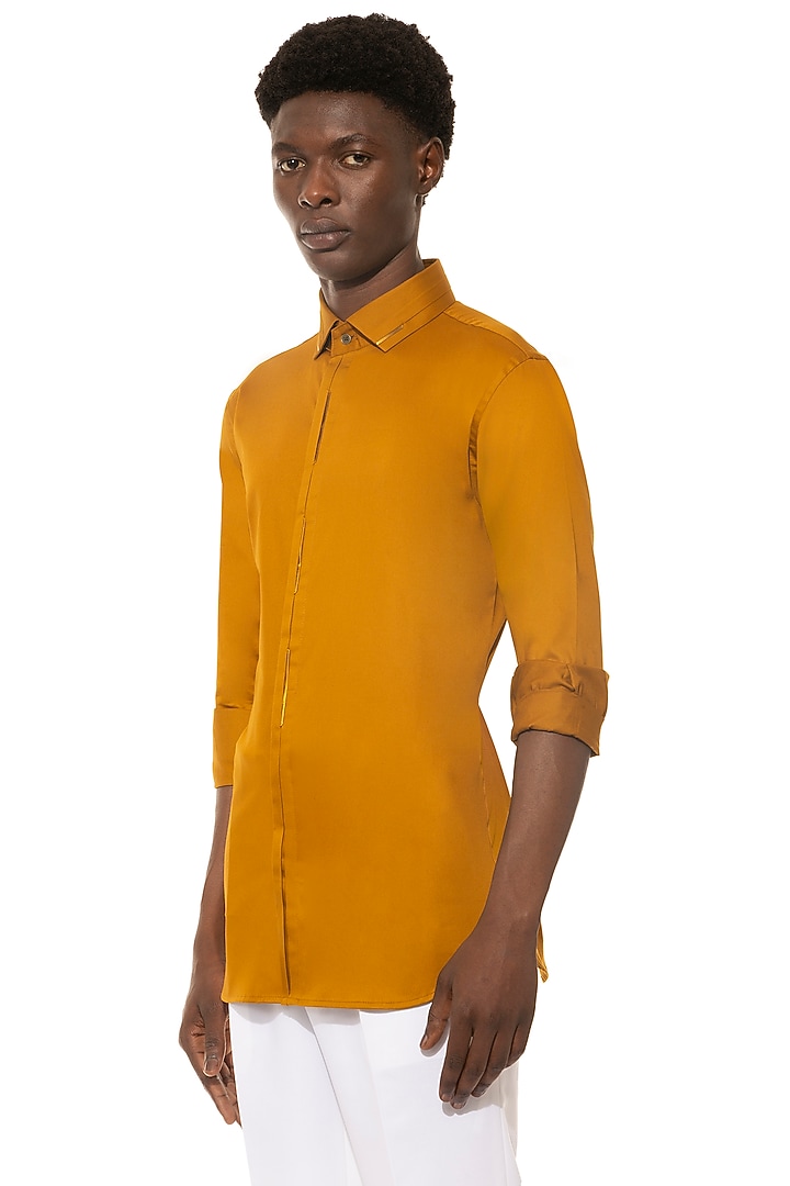 Mustard Yellow Cotton Party Wear Shirt by Unit by Rajat Suri at Pernia's Pop Up Shop