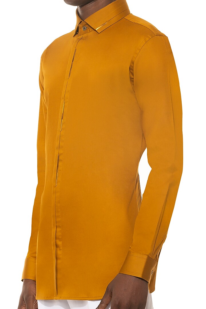 Mustard Yellow Cotton Party Wear Shirt by Unit by Rajat Suri at Pernia's Pop Up Shop