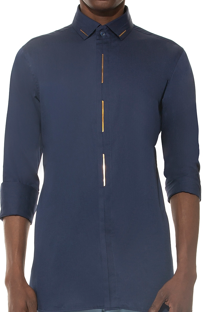 Navy Blue Cotton Party Wear Shirt by Unit by Rajat Suri at Pernia's Pop Up Shop